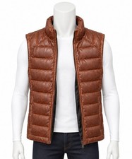 Mens Leather Puffer Vest, Sheepskin Quilted Down Vest, Stylish Outerwear