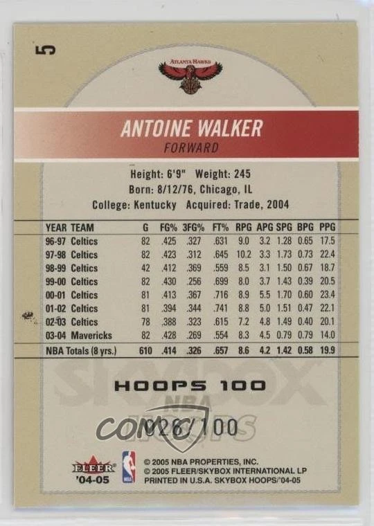 2004-05 NBA Hoops Hoops 100 /100 Antoine Walker #5 - Image 2 of 2