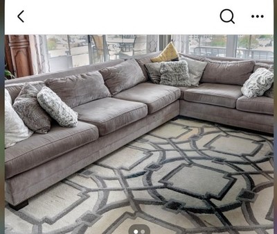 oversized sectional in soft grey velvet with nailhead Trim 144 L x 112 L x 43 D