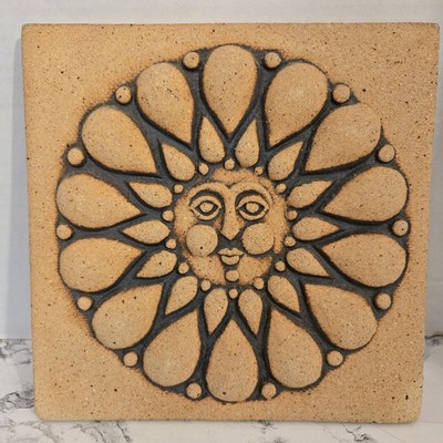 Vintage John Wenzel Clayworks Wall Tile Trivet Stoneware Sun Face 1970s