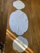 Three Vintage Embroidered Table Linens Doilies Runner Butterflies Flowers