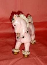 RARE-VINTAGE 5" PINK/GOLD TRIM CAROUSEL PORCELAIN HORSE-RETRO 1950'S SWEET PONY