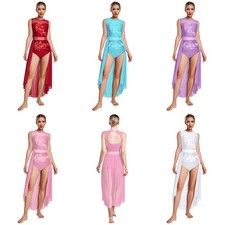 Women Dancewear Overlay Dress Ballet Leotard Applique Adult Mesh Round Neck