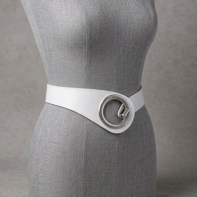 Vintage Y2K White Leather Belt Silver Big Circle Belt Festival Western