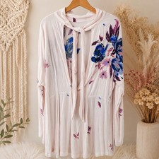 Free People Medium Floral Tie Gemma Dress Tunic Top Pink Blue Boho Rayon Womens