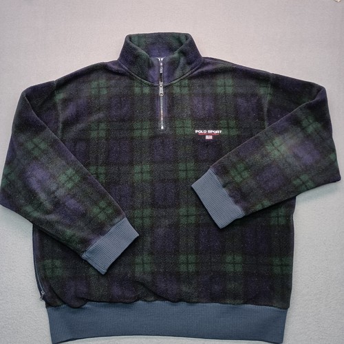 VTG Ralph Lauren Polo Sport Fleece Mens Large Blackwatch Plaid 1/4 Zip Oversized
