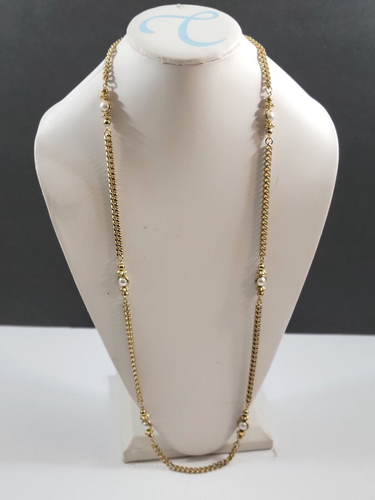 Vtg Gold Tone Single Strand 17" Chain Link Necklace No Clasp Faux Pearl Spacers - Picture 3 of 11