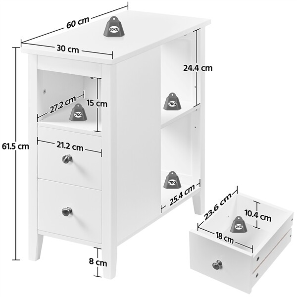 2pcs Narrow Bedside Table Nightstand with 2 Drawers 3 Shelves Slim File