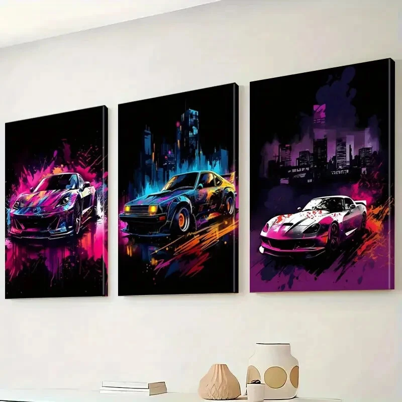 3pcs Neon Decorative Graffiti Style Sports cars Wall Art  Canvas Unframed/Framed - image 3 of 4