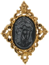 Black Cameo Lady Victorian Revival Style Ornate Gold Tone Pin Brooch Vintage 2"