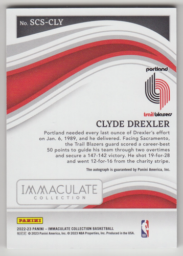 2022-23 Panini Immaculate Collection Clyde Drexler Scorers Club Gold Auto /10 - Picture 2 of 2