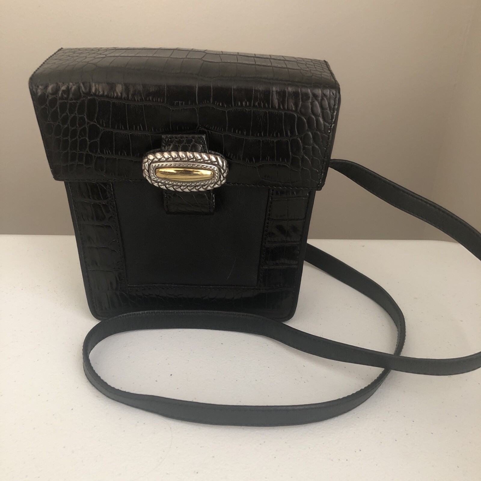 One World Brighton Structured Mock Croc Crossbody Flap Black Leather