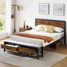 Full/Queen Size Bed Frame with 2 Drawers Metal Platform Bed Frame with Headboard