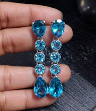 100% Natural London Blue Topaz Dangle Drop Earrings 925 Silver Valentine Jewelry