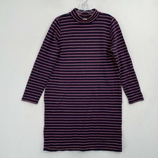 J Jill Striped Mock Neck Sweater Dress Womens Medium Navy Blue Coral Striped