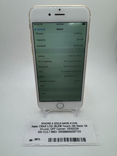 Apple iPhone 6 - Gold - 64GB - (Verizon) - A1549 - *FUNCTIONAL*