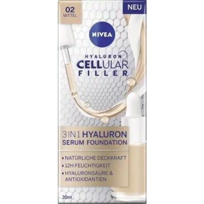 NIVEA Cellular 3in1 Hyaluron Serum Foundation Make-up 02 Mittel 30ml *NEU*