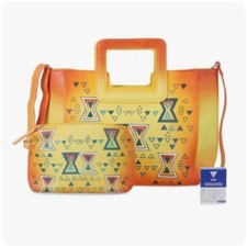 Sukriti Set Of 3, Orange & Yellow Geometric Hand Painted Leather Tote Bag