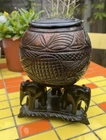 Antique Vintage Carved Coconut With Elephants Anglo Raj Elephant Tea Caddy