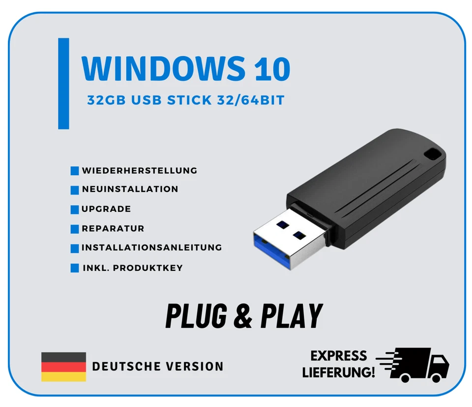FM-MARKT 32GB WINDOWS 10 PRO PROFESSIONAL | INSTALLATIONS USB-STICK | 32/64BIT + CODE