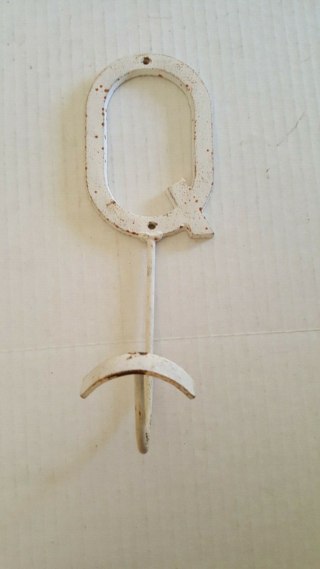 HEAVY METAL Letter "Q" Hook Shabby White 10" Dorm Bedroom Bath Decor 