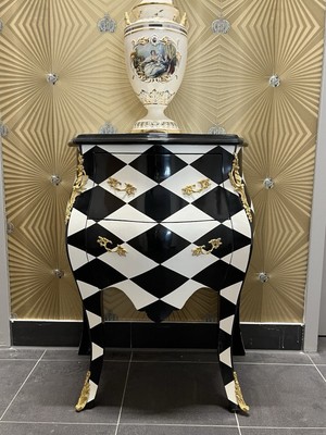 Night Stand French Baroque Style Chest of Drawer Handmade in Black Diamond Print