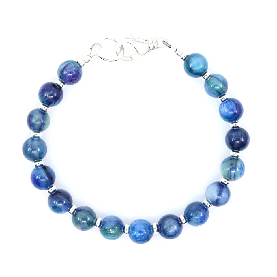 Blue Kyanite Bracelet, Genuine High-End Round 8mm Beaded Sterling Silver - Image 4 of 4