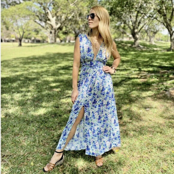 ZARA White Blue Floral Print Split Leg Summer Midi Maxi Dress Size XS 6 8  Beach | eBay
