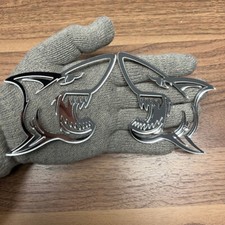 Shark Emblem Badge Car Or Truck 2 Badges Mirror Silver Angry Agressive