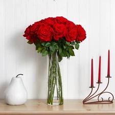 31” Giant Red Roses Artificial Arrangement w/Tall Glass Vase. Retail $387