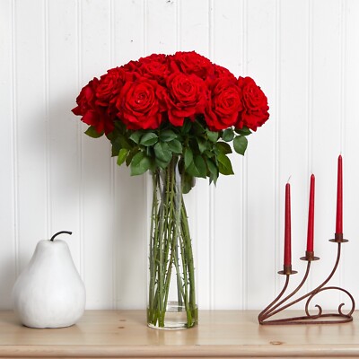 31  Giant Red Roses Artificial Arrangement w/Tall Glass Vase. Retail $387