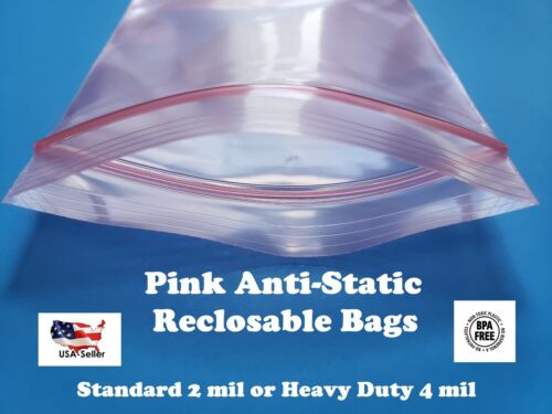 Antistatic Pink 2 or 4-Mil Zip Seal HEAVY-DUTY Static Reclosable Top Lock Bags
