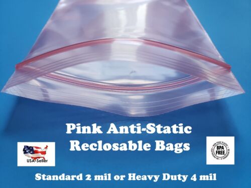 Antistatic Pink 2 or 4-Mil Zip Seal HEAVY-DUTY Static Reclosable Top Lock Bags - Picture 1 of 6