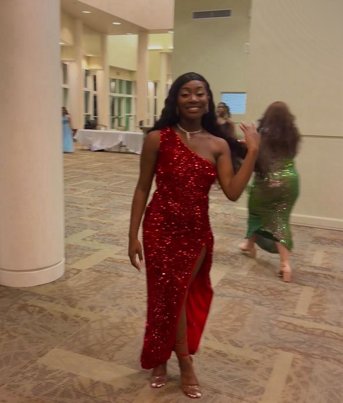 Red Glittery Shoulder Wrap Split Formal Dress - image 2