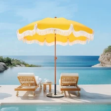 7ft Beach Umbrella with Carry Bag Patio Outdoor Fringe Umbrella Crank Tilt