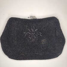 Vintage Japan Beaded Evening Bag Kiss Lock Classic Clutch Purse Handbag Black