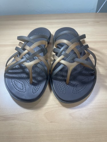 Crocs Brown And Bronze Strappy Thong Sandal Sz 8 - Picture 3 of 6