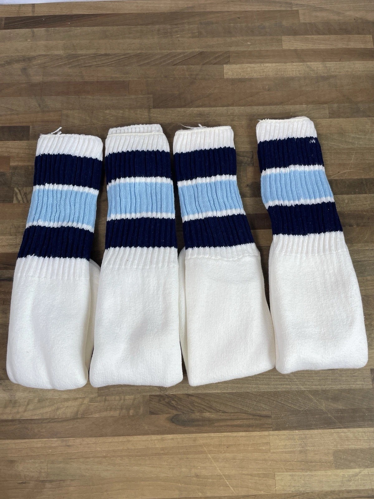Vntg Striped Tube Socks NWOT Blue 1980's 4 Pairs Navy University Tar Heel Blue