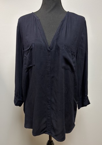 allen allen. USA Black Rayon V-Neck Tunic Blouse Pocket Shirt Women's Size L