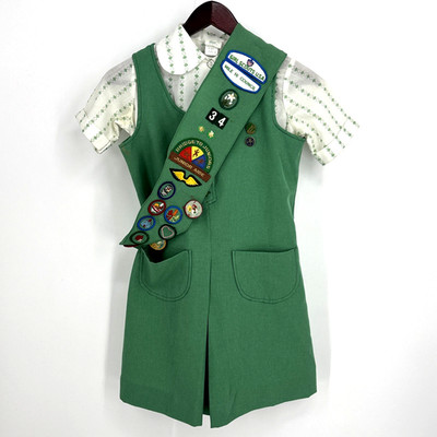 Vintage Green Girl Scouts Uniform Dress Shirt Vest SZ12 Sash with Patches & Pins