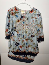 Fig and Flower Tunic Top Women's M Multi Striped Floral 3/4 Sleeve Boho Blouse