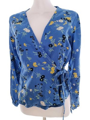 PEOPLE TREE Damen Wickelbluse Gr. 36 Blau Tencel 100% Langer Ärmel Streifen