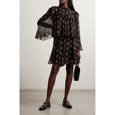 DOEN Alette Dress Black Paisley Floral Silk Ruffle Georgette Mini NWT Size M