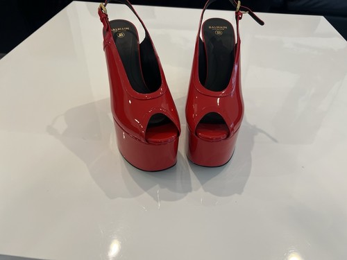 $1250 Balmain Patent Peep-Toe Slingback Platform Pumps Red Size US 9.5 - Picture 7 of 20