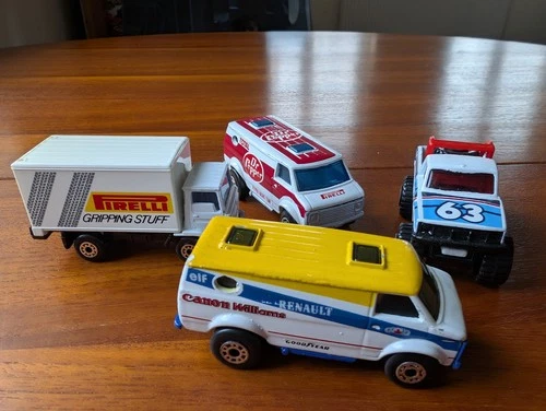 Vintage Matchbox model cars, Williams F1 Chevy Van Dr Pepper, Pirelli Dodge 4x4