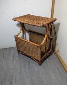Vintage 70s MCM Boho Chic Wicker Rattan Bamboo End Table Magazine LP Record Rack