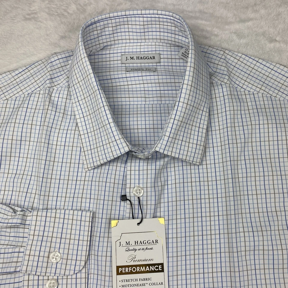 Haggar Premium Performance 男式正装衬衫 17.5-32/33 白色支票全新带标签 — 第 2/4 张图片