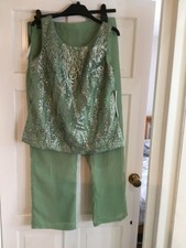 SAGE GREEN CHIFFON TROUSER SUIT SIZE 14