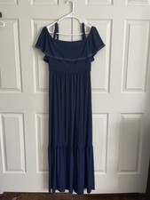 ELIZA J Navy Blue Off Shoulder Drape Stretch Dress Elegant Gown Women’s 8