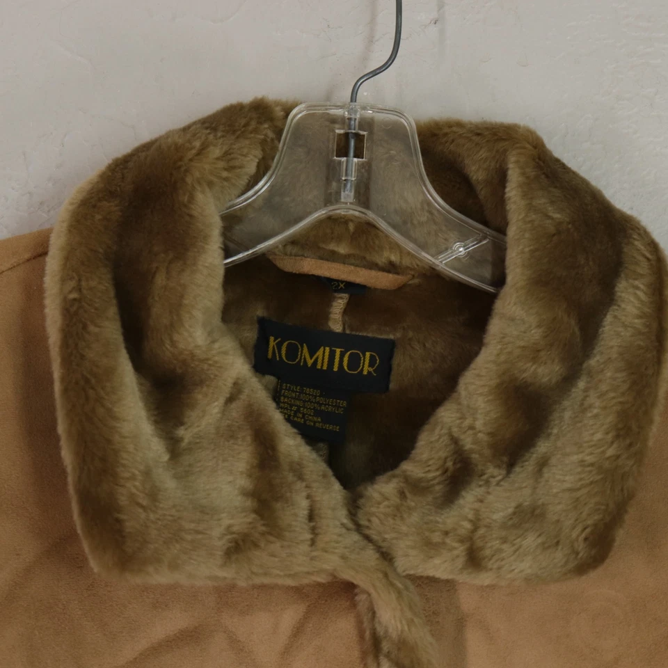 Vintage Komitor Faux Suede Fur Lined Coat Women 2X Brown Sherpa Tan Pockets Soft - Image 4 of 4